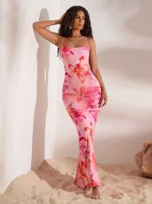 Opulessa Women's Deep Draped Neck Backless Vacation Floral Print Maxi Knit Dress,Bodycon Dress