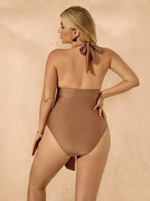 Elaquor Plus Size Solid Color Ruched Halter One-Piece Swimsuit - Yellow - View 4