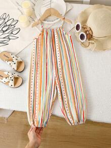 女婴夏季假日风格几何印花针织细肩带灯笼腿连体裤