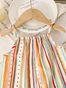 女婴夏季假日风格几何印花针织细肩带灯笼腿连体裤