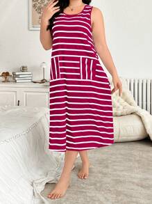 Striped Print Casual Long Nightgown/Sleepwear - Hot Pink - View 6