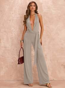 SHEIN BAE Bộ đồ liền thân thắt nút chữ V sâu gợi cảm bó sát cho kỳ nghỉ hè trên bãi biển, phù hợp cho hẹn hò hàng ngày, đi chơi đêm, hộp đêm, tiệc tùng, tụ tập, tiệc cocktail, tiệc hồ bơi, quần áo mùa tựu trường, mùa tựu trường, quần áo ngày lễ, quần áo lễ hội âm nhạc, quần áo lễ hội nhạc đồng quê, quần áo hòa nhạc - Xám - Xem 4