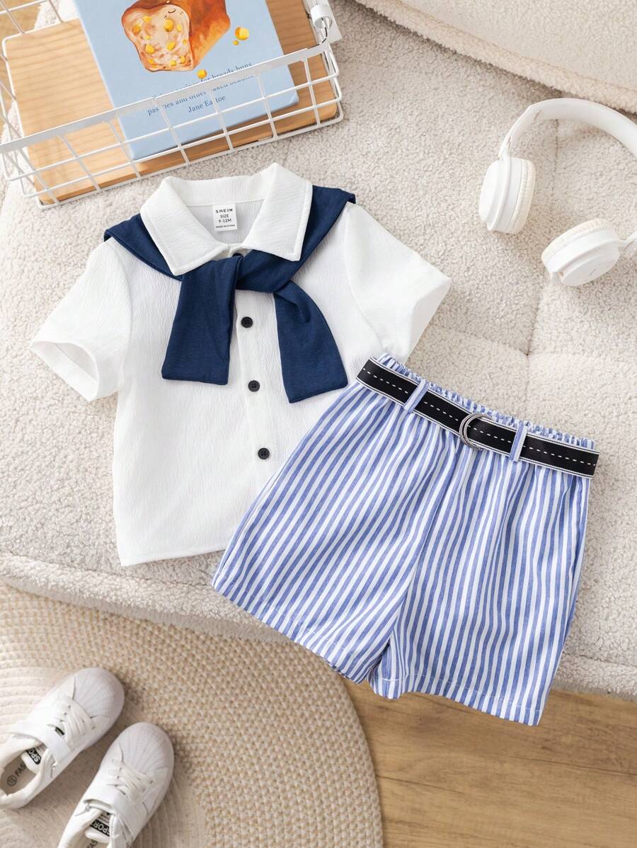 SHEIN 4 件套男婴可爱百搭休闲白衬衫、条纹短裤、海军蓝披肩（配腰带），适合生日派对、晚会、表演、婚礼、满月庆祝、洗礼和 1 岁生日活动、迎婴派对 - 彩色 - 查看 1