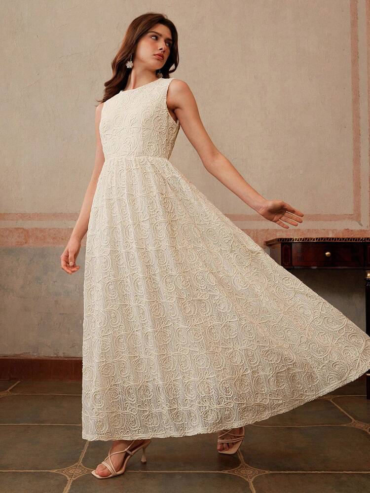 Women's Elegant Modern Sleeveless Embroidered Waist Textured Midi Dress, For Summer