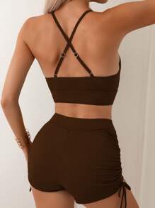 Swim Basics Bộ đồ bơi tankini 2 mảnh nữ mùa hè đi biển màu trơn có đệm - Cà phê nâu - Xem 2