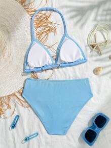 Tween Girl Shell Trim Halter Swimsuit Set, Suitable For Beach Holiday Wear - Blue - View 2