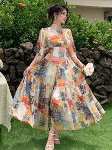 DAZY Đầm Maxi Đi Nghỉ Tay Phồng Họa Tiết Hoa Phong Cách Bohemian Cho Nữ - Nhiều màu - Xem 5