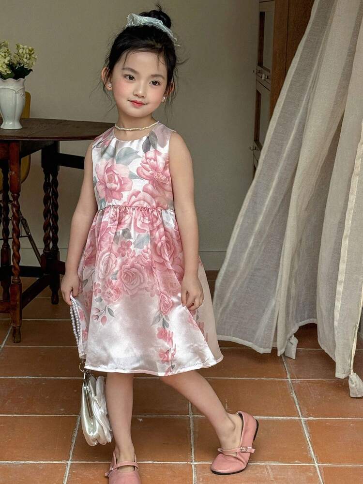 Young Girls Round Neck Floral Print Sleeveless Banquet Birthday Party Dress,Girls Summer Outfits