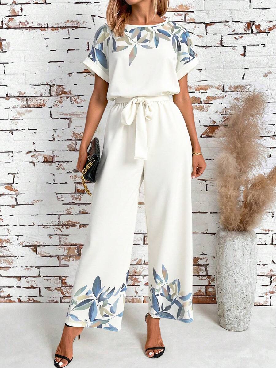 SHEIN Clasi 女士夏季休闲度假连体裤，带定位印花，夏季女士机场装 - 白色 - 查看 1