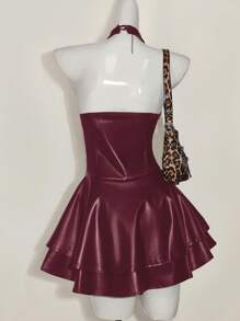 SHEIN ICON 女士 Y2k 时尚辣妹演唱会女装俱乐部派对节日狂欢装 Y2k 外出交叉带 PU 皮革露背迷你吊带黑色连衣裙