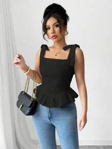 Elenzga White Jacquard Cropped Square Neck Top With Tying Strings