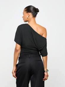 AiiRZ Off Shoulder Asymmetric Draped T-Shirt Ruched Waist Design Casual Loose Fit Modern Minimalist Top Fashion Basic Essential Cropped Length