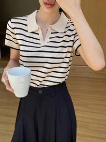 DAZY Damen gestreifter Polokragen Kurzarm Pullover