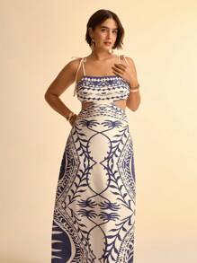 CAJUNI Women Plus Size Spaghetti Strap Hollow Vintage Floral Print Maxi Dress - Multicolor - View 3