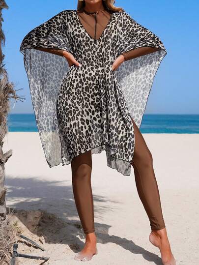 Swim Shayni Traje de baño de una pieza marrón para mujer con bata estampada de leopardo, traje de baño modesto de Body entero estilo musulmán, conjunto de traje de baño conservador y casual de 2 piezas al estilo de Oriente Medio