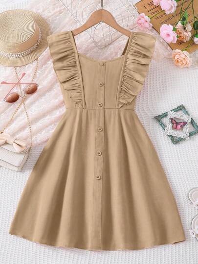 SHEIN Vintaside Kids Vestido de vacaciones casual de unicolor con ribete de volantes para niñas preadolescentes