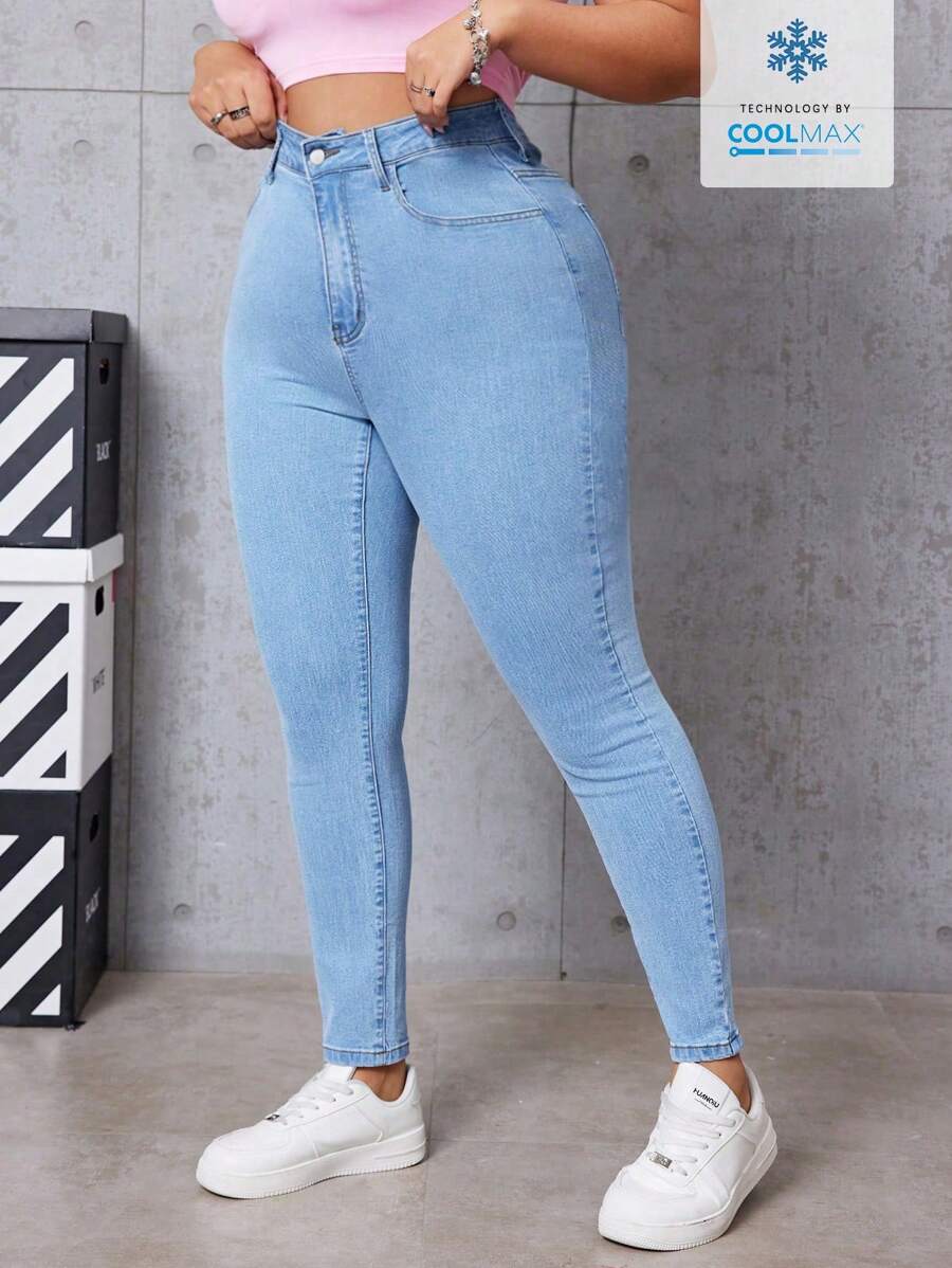 SHEIN EZwear Jeans casual à coupe slim, design poche, couleur unie, tailles plus