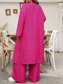 EMERY ROSE Plus Size Long Shirt Cardigan Top And Straight Leg Pants 2 Pieces Casual Vacation Set Fall Cloth For Women - Hot Pink - View 2
