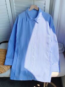 Comfortcana 女士新款斯德哥尔摩风格秋季2000年代风格条纹长袖单排扣休闲/工作衬衫，蓝白条纹衬衫，复古蓝条纹纽扣衬衫，条纹夏季衬衫，女教师返校季 - 藍色 - 查看 4