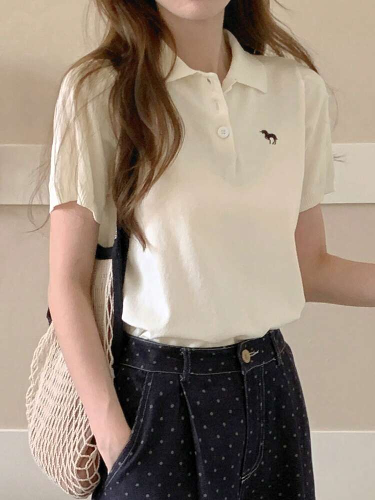 Women's Collared Short Sleeve Embroidered Knit Casual Top