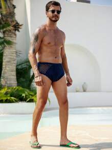 Manfinity Swimmode Quần lót dệt kim rỗng màu trơn cho nam đi biển và ngày lễ - Xanh đậm - Xem 6