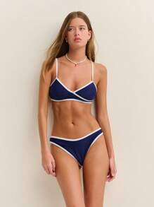 Nöista Swim Ladies Spaghetti Strap Top Summer Style Beach Triangle Swim Bottoms Contrast Pipping - Blue - View 1