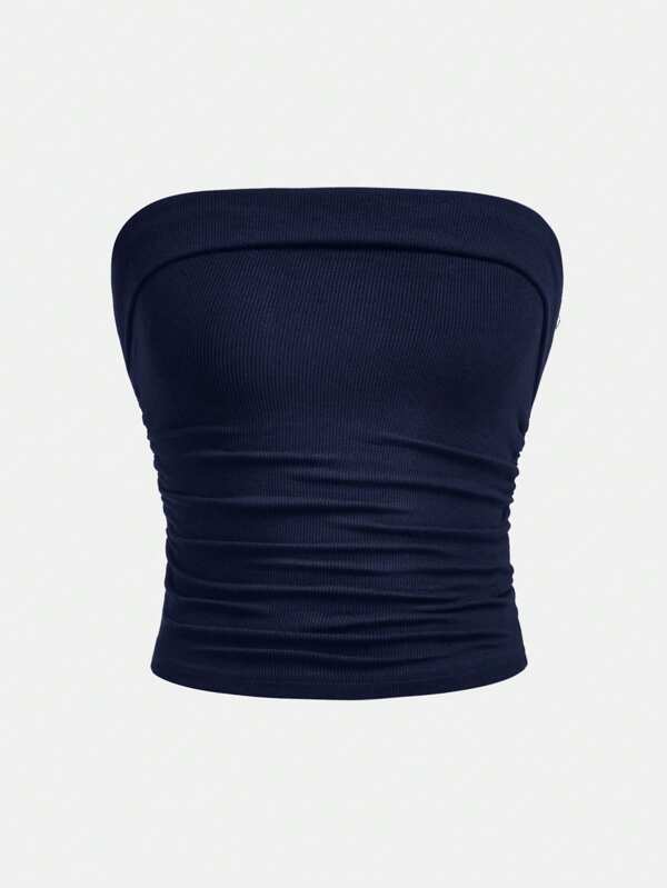 SHEIN Girlism Top scurt tricotat cu talie încrețită, fără bretele, tip bandeau, pentru adolescente