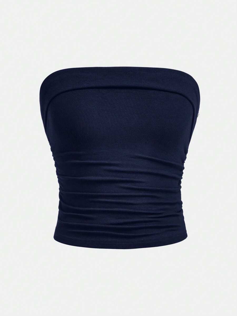 SHEIN Girlism Teen Girl Ruched Waist Knit Crop Bandeau Strapless Tube Top - Navy Blue - View 1