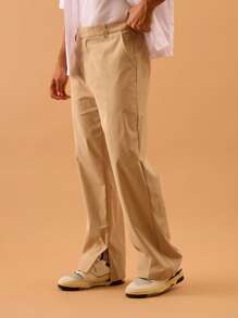 Musero 宽松修身西裤，脚踝开衩设计，纽扣门襟，适合春夏度假穿着 - 卡其色 - 查看 3