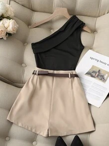 Franclia Casual Fashion All-Match Commuting High Elastic Pure Black One-Shoulder Pleated Top And Khaki Fake Pocket Skirt Pants With Belt Ladies Two Pieces Set - Khaki - View 2