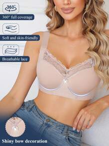 SHEIN 1 件女士蕾丝拼接宽肩带内衣，无钢圈舒适休闲内衣文胸 - 杏色 - 查看 5