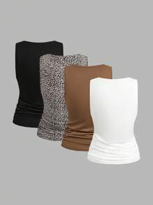 SHEIN Clasi Women's Casual Versatile Minimalist Ruched Fitted Camisole Four Piece Set Summer Tops Tank Tops Women - Multicolor - View 5