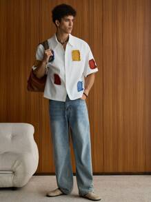 SWAVVY Men's Fashion Casual Color Clash Applique Embroidered Button Up White Boxy Shirt, For Summer - White - View 6