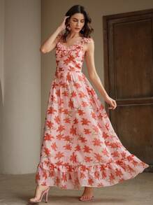 Anewsta 春夏款花朵露肩V领无袖喇叭下摆长裙 - 珊瑚橙 - 查看 4