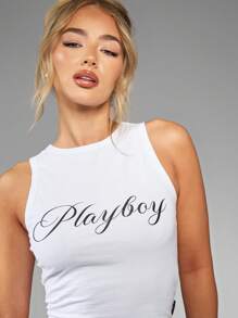 Missguided x Playboy 无袖运动背心短款上衣弹力棉质健身房夏季瑜伽运动服运动衫训练舞蹈工字背心表演服 - 白色 - 查看 6