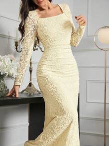 Modelyn Urban elegantes weißes Spitzenkleid mit Passform für Frauen, langes Abendkleid