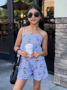 Firerie Kids Firerie Kids Tween Girl 2pcs/Set Plaid Cherry Print Ruched Camisole & Shorts Set - Blue - View 1