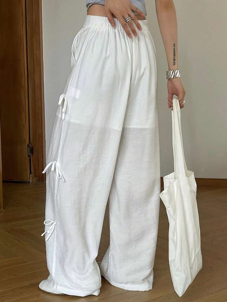 Women Casual Loose Bowknot Decor Long Pants, Summer New Style