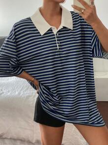 Livesso 女士休闲条纹印花短袖T恤，适合秋季穿着