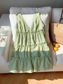 Comfortcana 女士夏季可爱深V领荷叶边纽扣设计无袖格子迷你连衣裙 - 綠色 - 查看 5