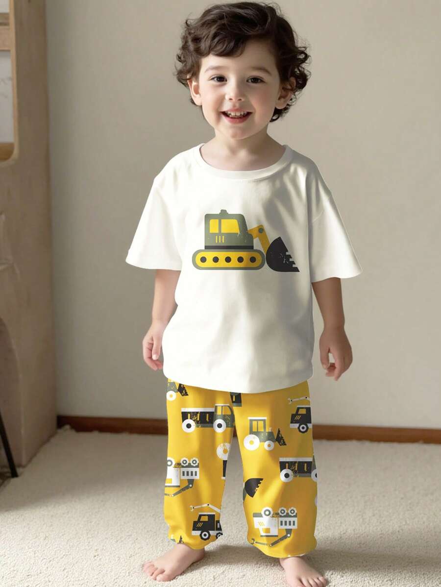 SHEIN Baby Boy Cartoon Excavator Pattern Casual Home Wear Set, Loose Fit Suitable For Summer - Multicolor - View 1