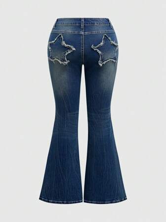 Grunge Punk Plus Size Women's Y2K Punk Style Vintage Low Rise Super Short Waist Pockets Star Stud Decorated Denim Jeans