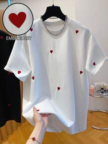 SHEIN Women Heart Embroidery Round Neck Short Sleeve Casual Loose Fit T-Shirt, Summer - White - View 1