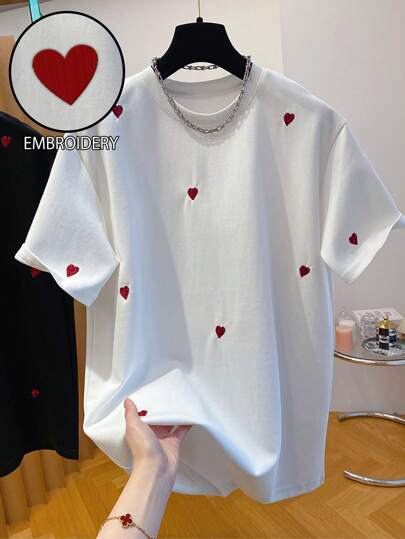 SHEIN Women Heart Embroidery Round Neck Short Sleeve Casual Loose Fit T-Shirt, Summer