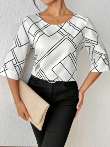 SHEIN Clasi Women's Short Sleeve Round Neck Casual Geometric Print Blouse For Summer