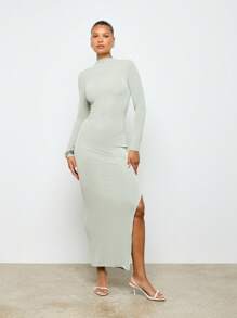 AiiRZ Ribbed Mock Neck Long Sleeve Maxi Dress With Side Slit Fitted Bodycon Winter Fall Evening Event Party Formal Knit - Green - View 3