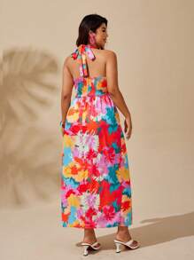 Sunserae Plus Size Women V-Neck Backless Slit Hem Printed Beach Vacation Dress