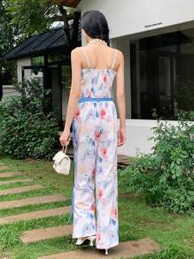 SHEIN LUNE 2件套度假休闲花卉印花吊带背心和阔腿裤 - 彩色 - 查看 2