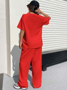 SHEIN EZwear 女士纹理白色休闲宽松T恤和裤子两件套