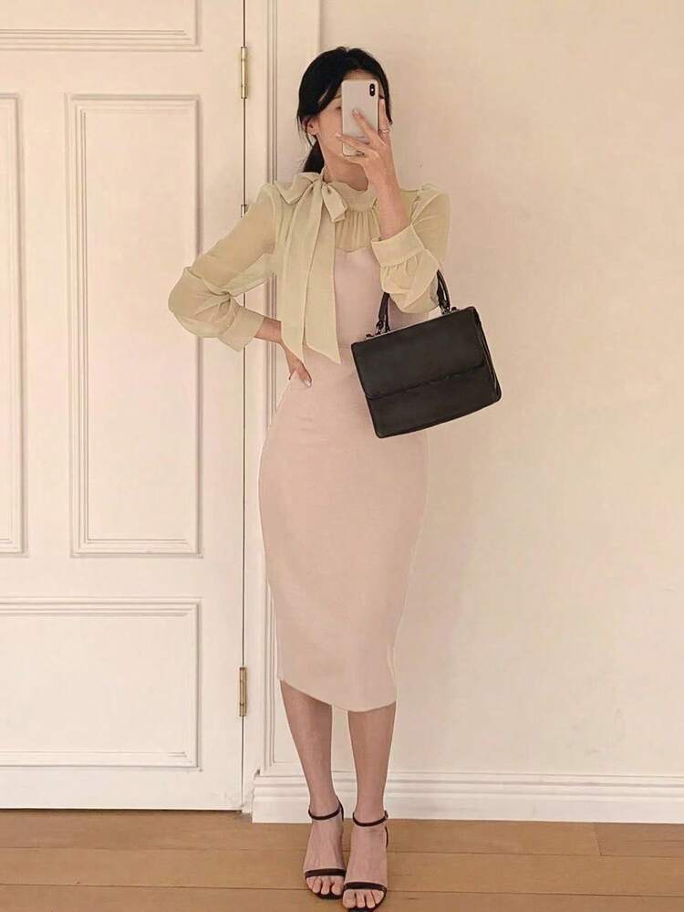 Women's Fabric Patchwork Bowknot Cinched Waist Mermaid Midi Dress,Fall Dress Long Sleeve Dress